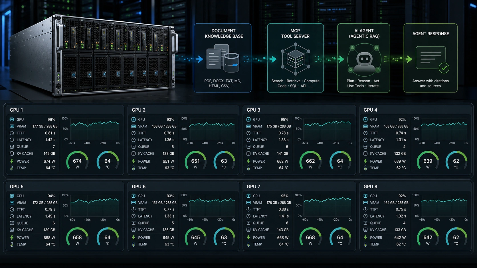 Мониторинг восьми GPU, VRAM, задержки и KV-кэша в системе Agentic RAG