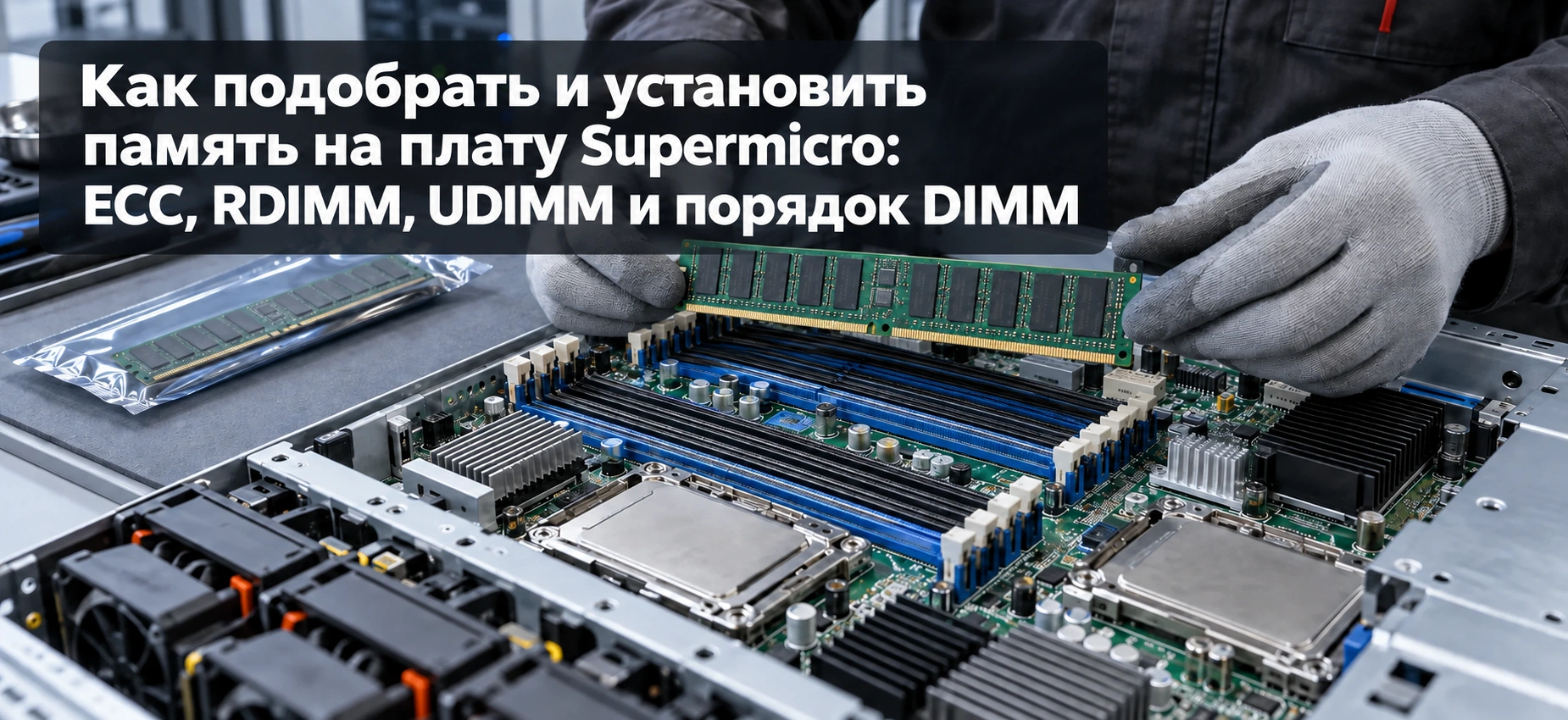 Иллюстрация подбора и установки модуля серверной памяти в материнскую плату