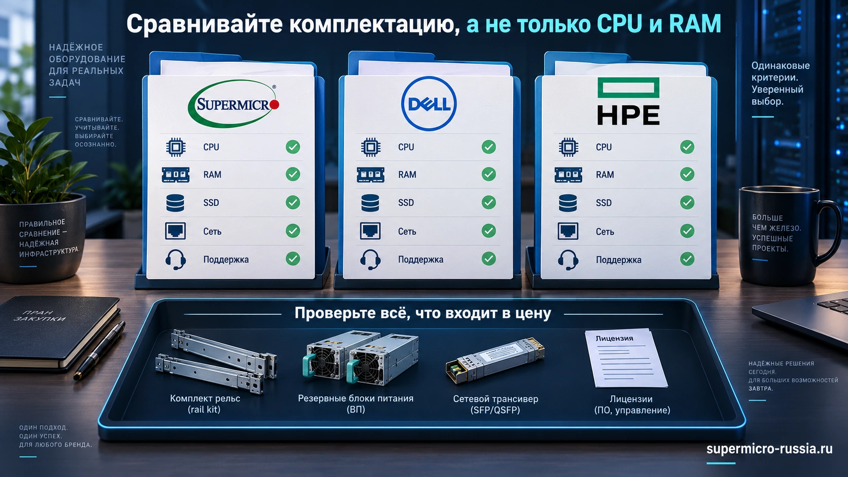 Проверка комплектации Supermicro, Dell и HPE: CPU, RAM, SSD, сеть и поддержка