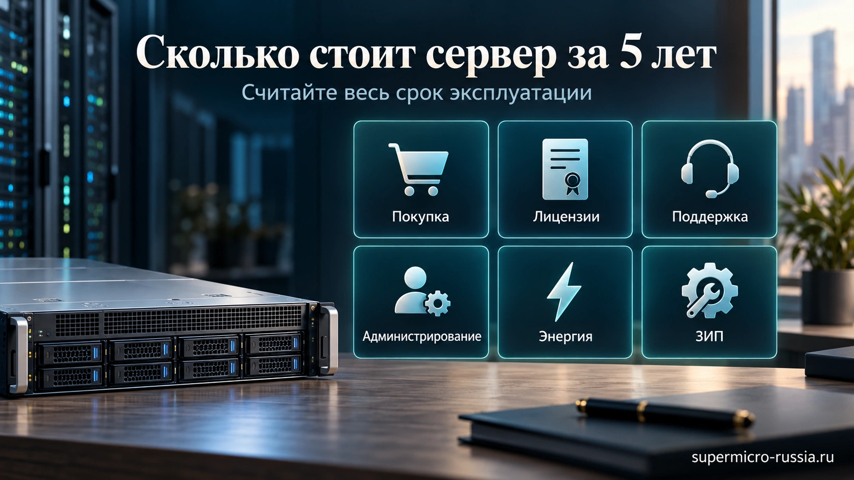 Из чего складывается стоимость владения сервером: покупка, лицензии, поддержка, администрирование, энергия и ЗИП