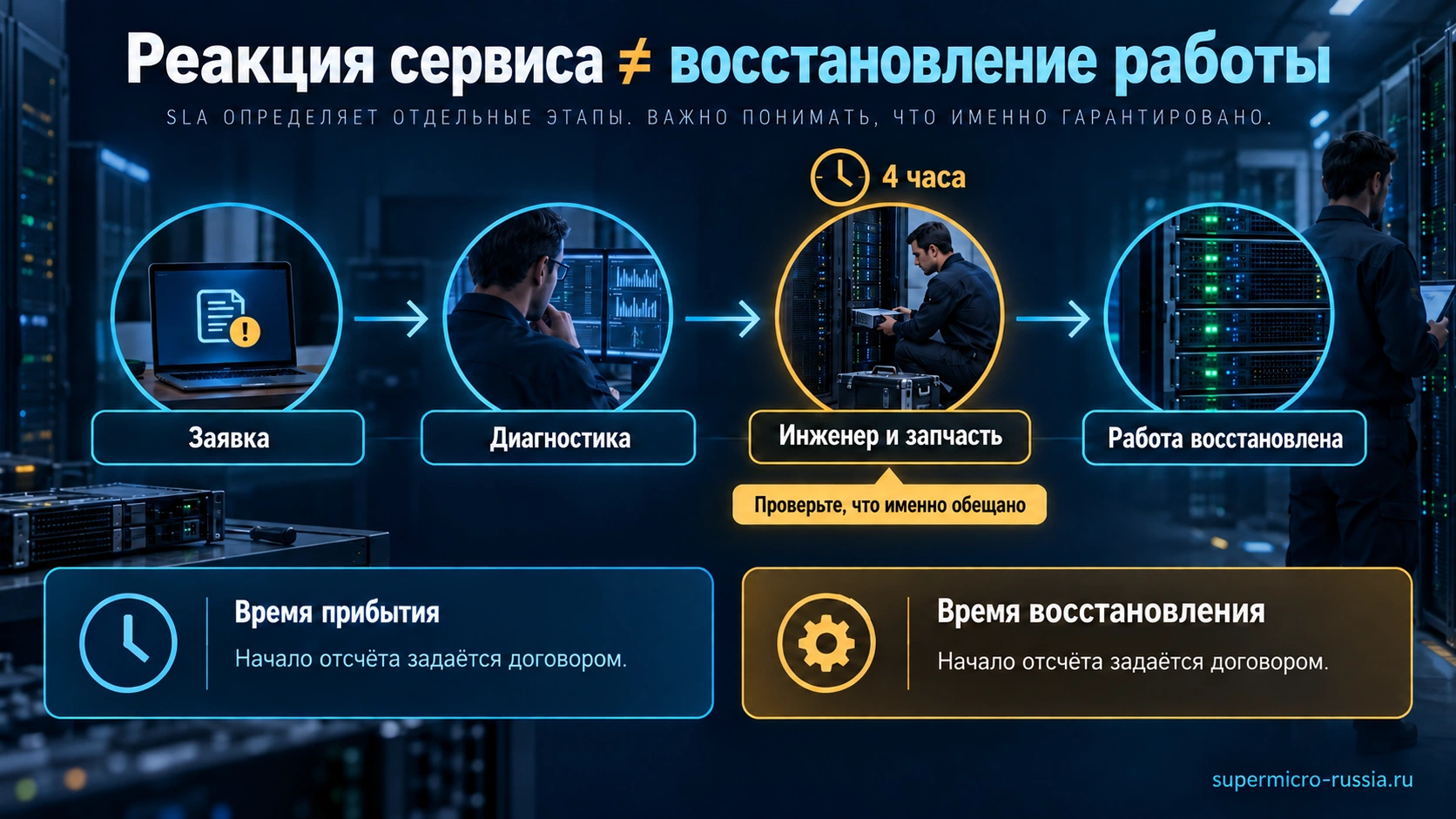 Этапы серверного SLA: заявка, диагностика, инженер с запчастью и восстановление работы