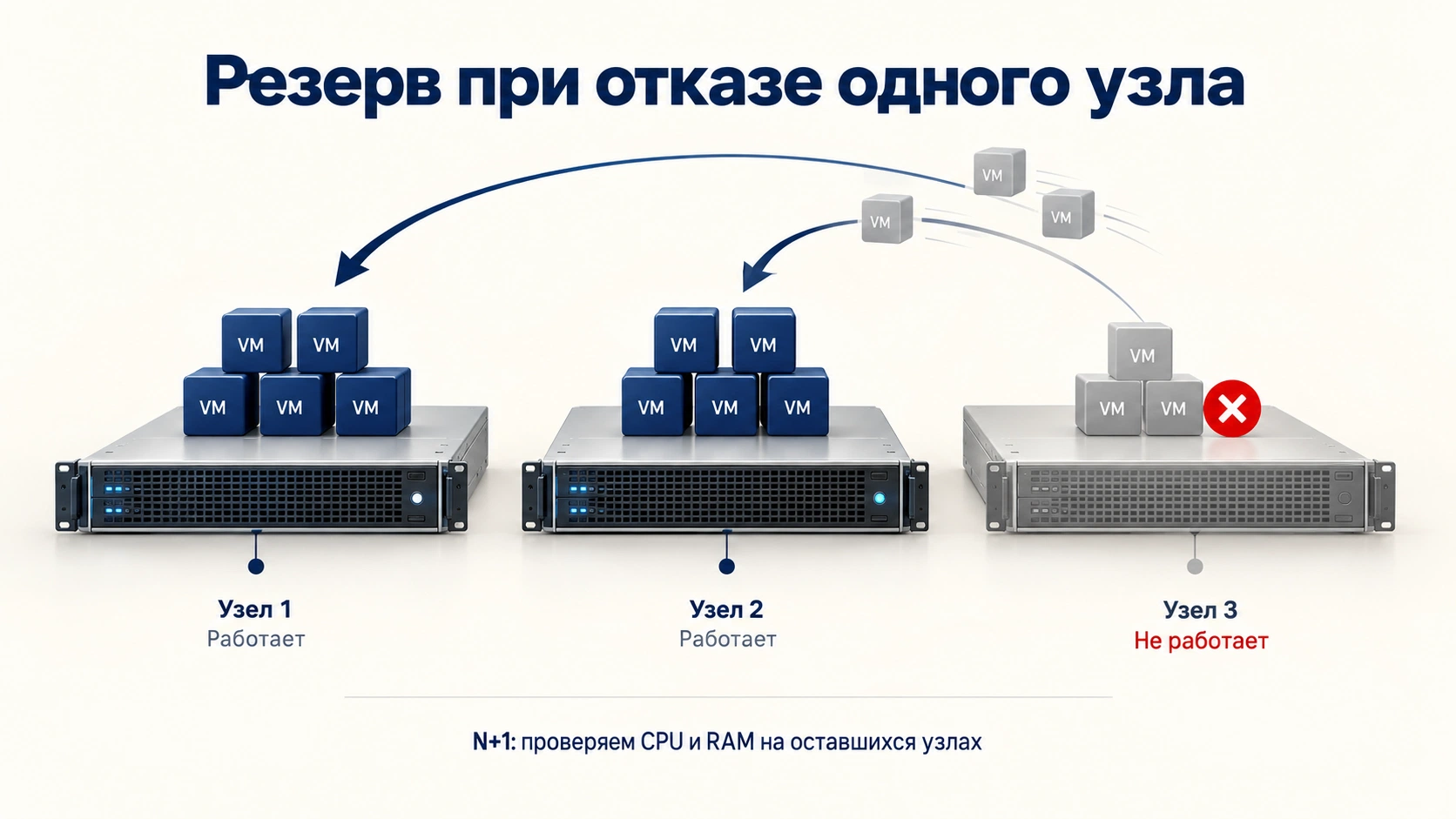 Резерв N+1: виртуальные машины отказавшего узла должны разместиться на двух оставшихся серверах
