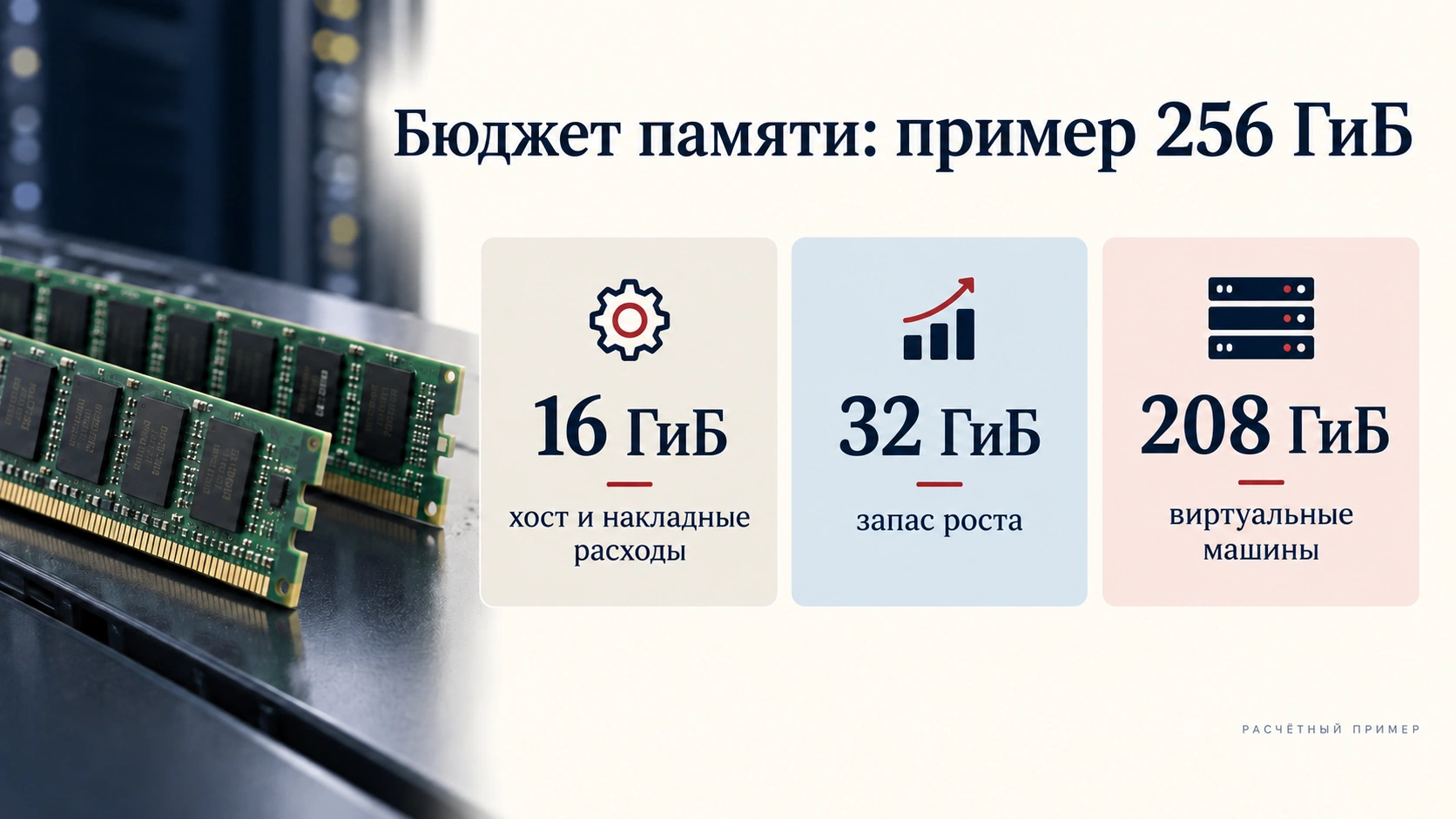 Пример распределения 256 ГиБ RAM: 16 ГиБ хосту, 32 ГиБ на рост и 208 ГиБ виртуальным машинам