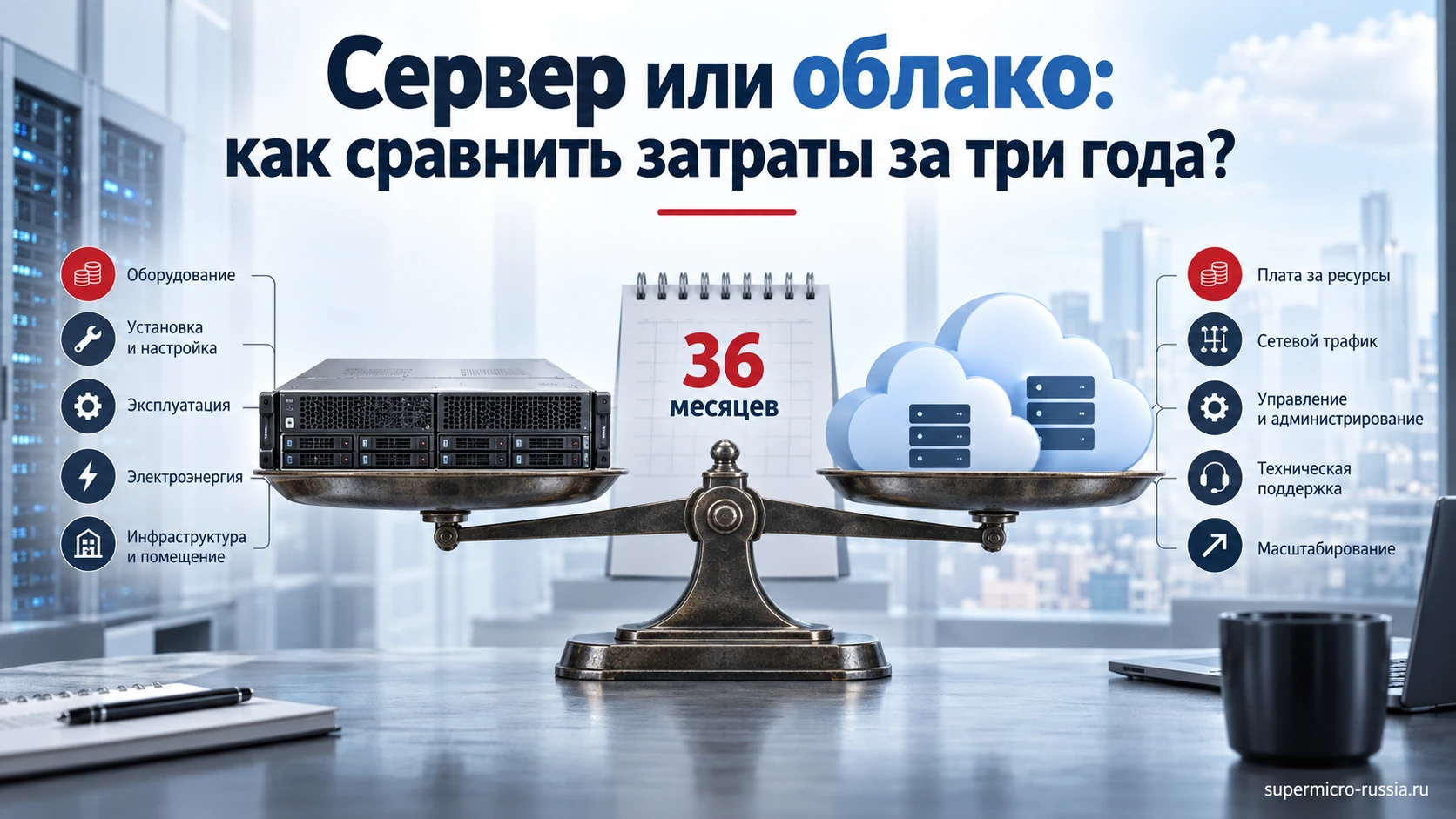 Сравнение затрат на собственный сервер и облако за 36 месяцев