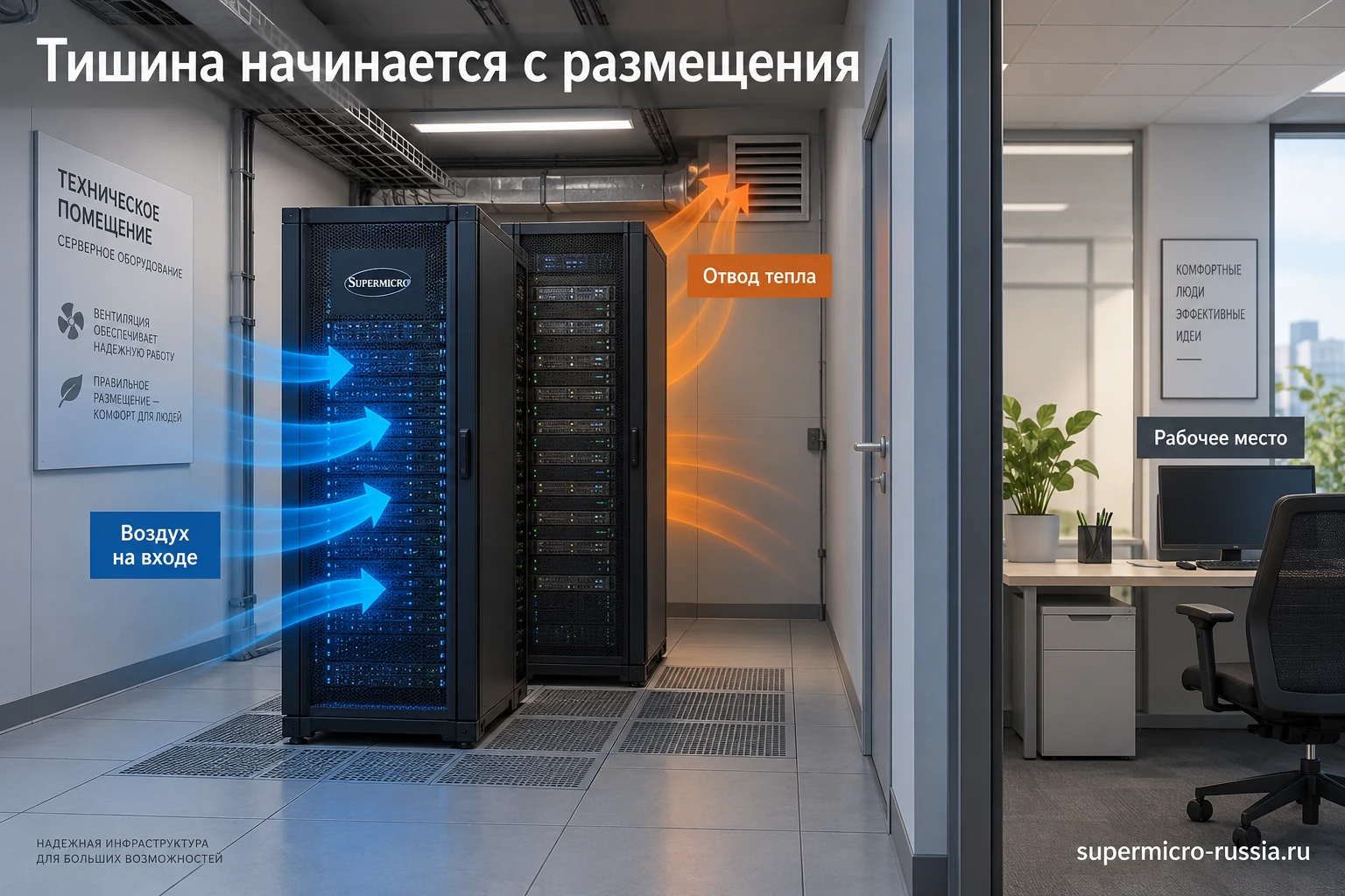 Отдельное размещение сервера с подачей холодного воздуха и отводом тепла