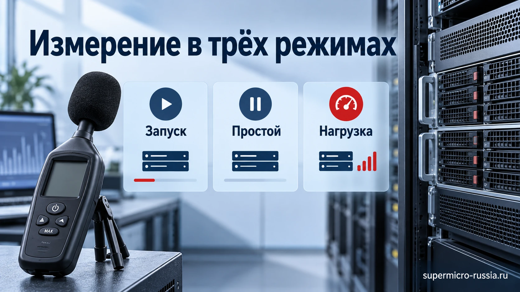 Измерение шума сервера при запуске, в простое и под нагрузкой