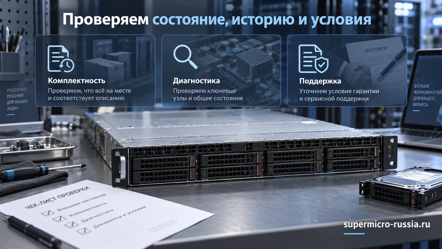 Проверка истории компонентов, диагностики и условий поддержки восстановленного Supermicro