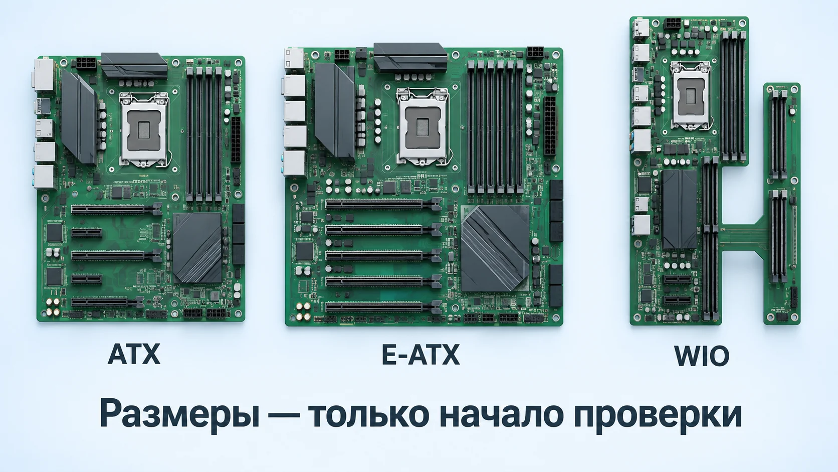 Условное сравнение компоновок ATX, E-ATX и WIO при подборе серверного корпуса