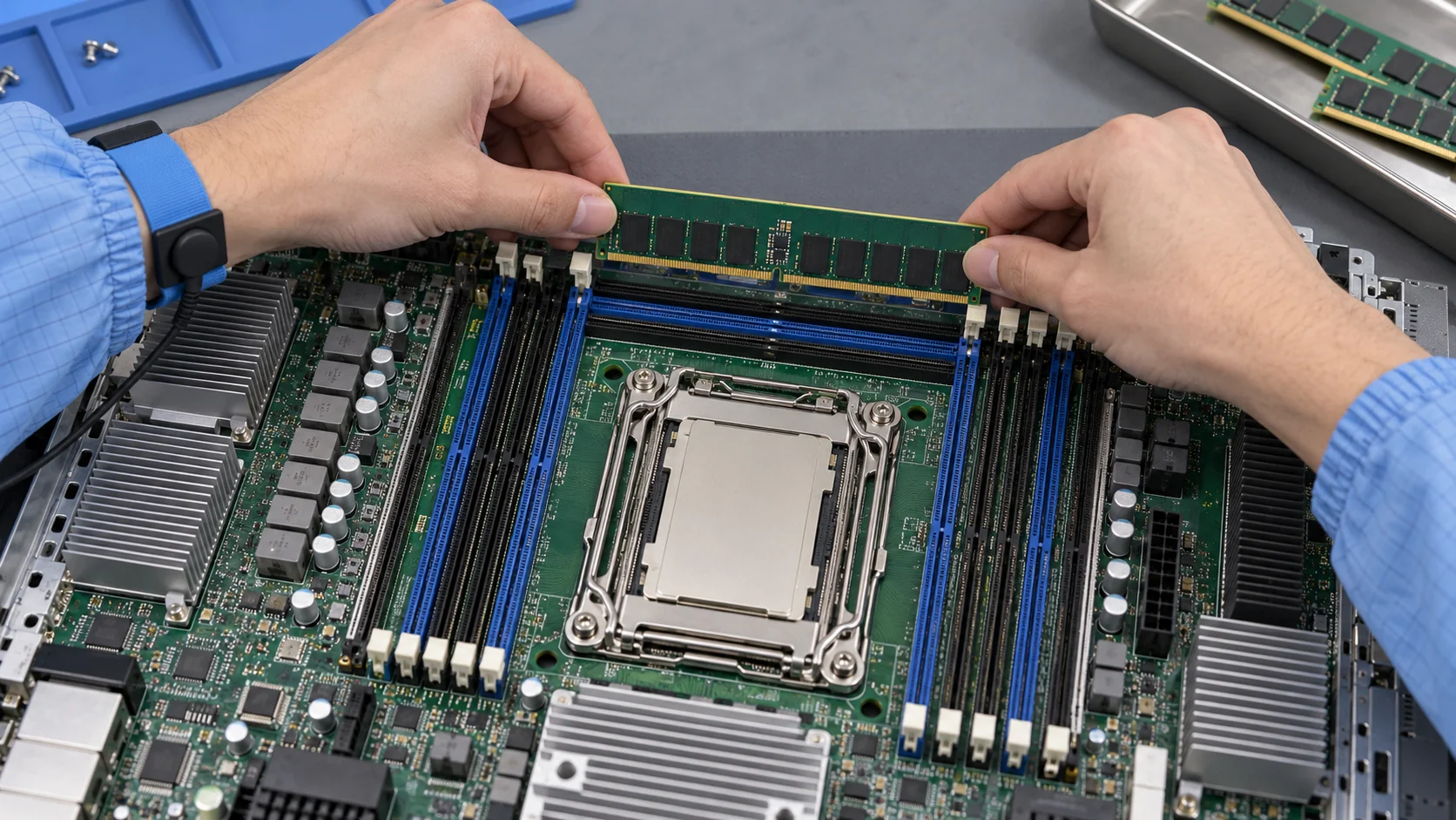 Иллюстрация установки DIMM на обесточенной серверной материнской плате
