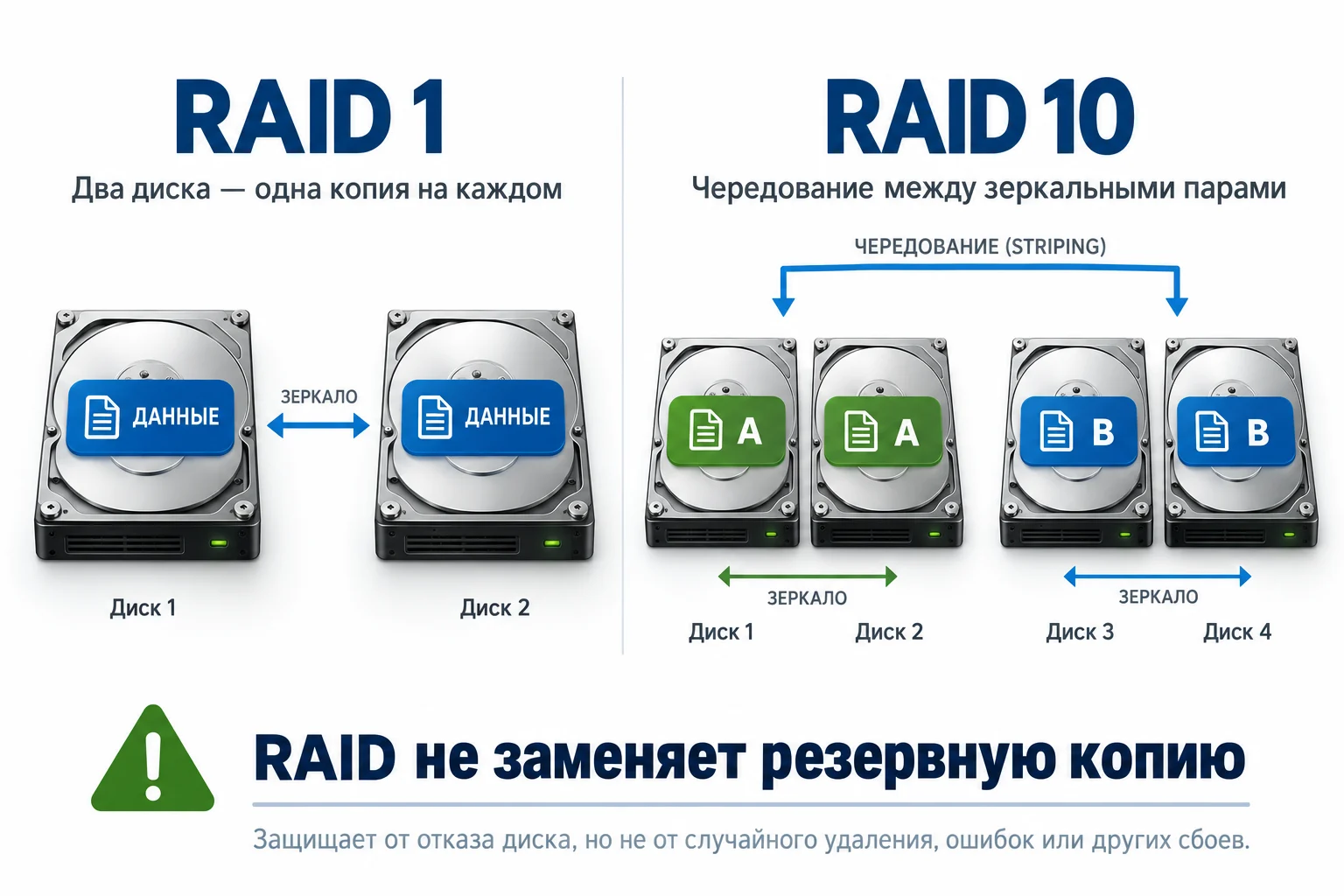 Зеркало RAID 1 и чередование между зеркальными парами RAID 10