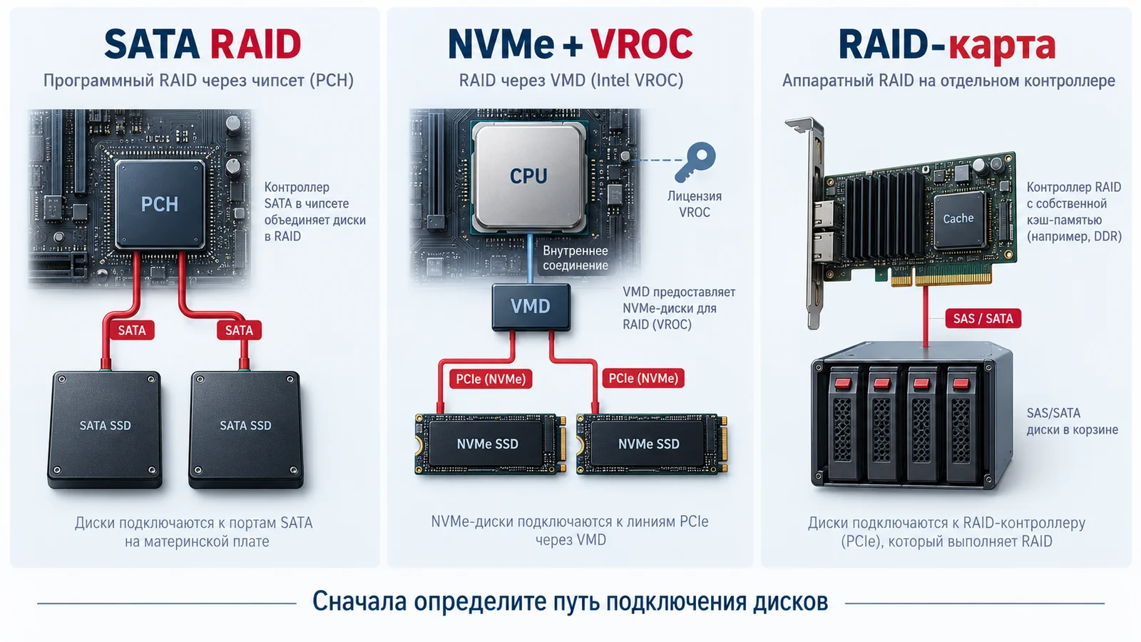 Три способа организации массива: SATA RAID, NVMe с VROC и аппаратная RAID-карта